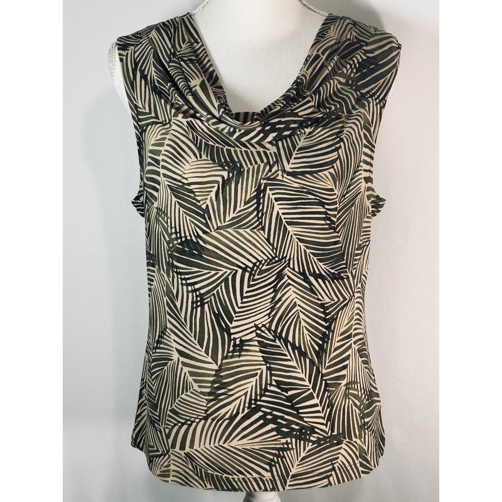 Chaps Classics Womens Large Olive Green Palm Leaf Print Cowl Neck Sleeveless Top